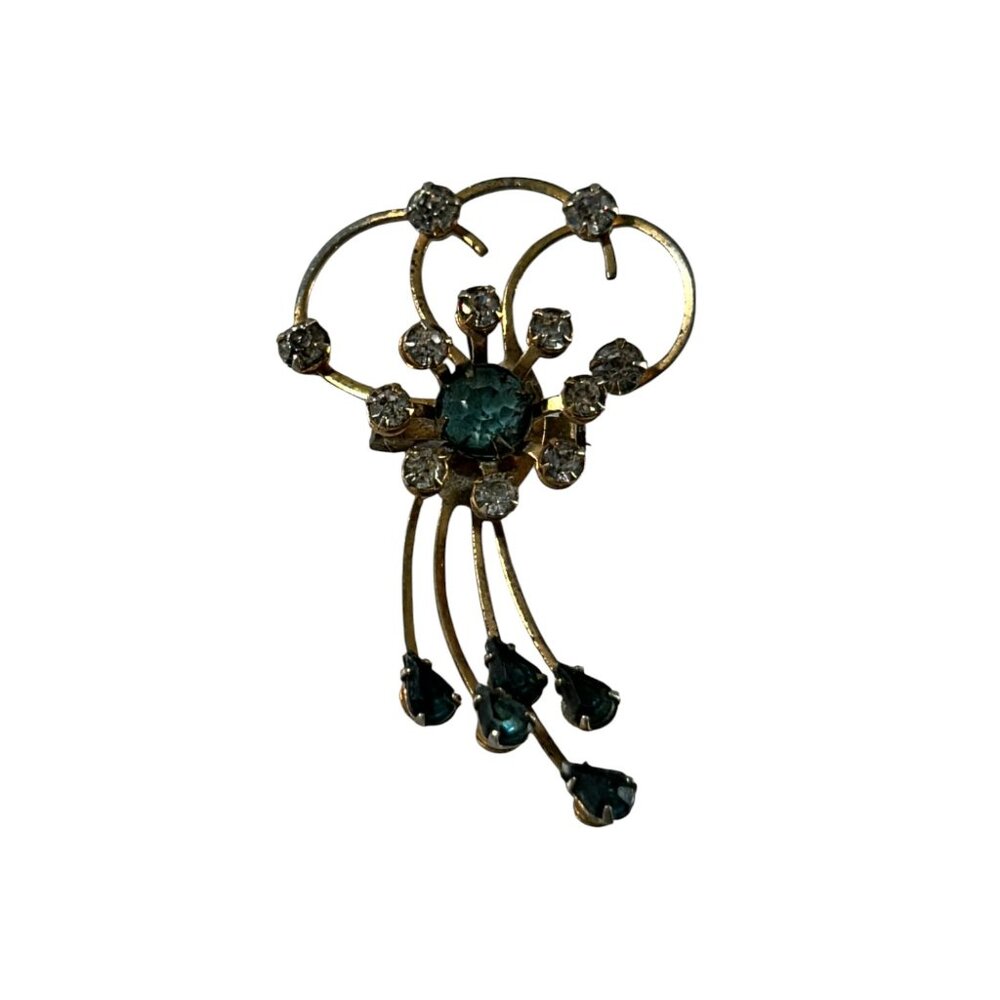 Vintage Gold Tone Spray Brooch Clear Blue Rhinestones Floral Flower Design Pin